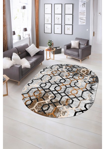 Dijital Kaymaz Yıkanabilir Modern Desen Oval Yolluk Mutfak Salon Halısı, N-O-Modern-03-Kahve, indirimleri
