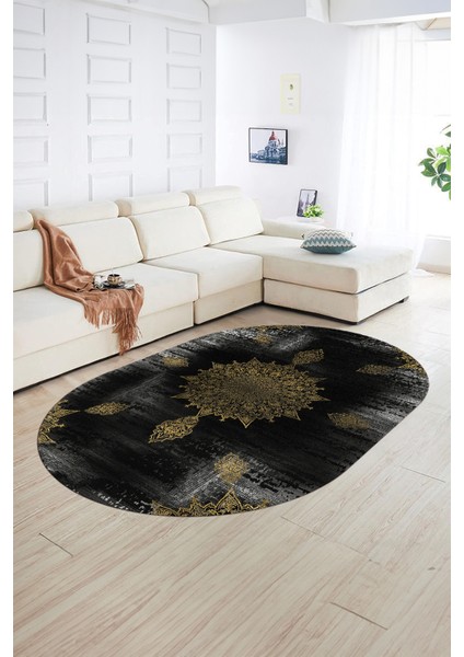 Dijital Kaymaz Yıkanabilir Modern Desen Oval Yolluk Mutfak Salon Halısı, N-O-Modern-06-Gold, fiyatları