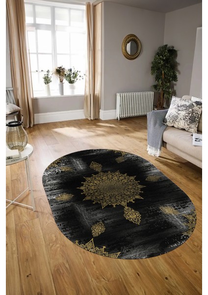 Dijital Kaymaz Yıkanabilir Modern Desen Oval Yolluk Mutfak Salon Halısı, N-O-Modern-06-Gold, modelleri