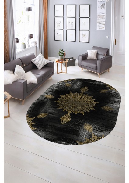 Dijital Kaymaz Yıkanabilir Modern Desen Oval Yolluk Mutfak Salon Halısı, N-O-Modern-06-Gold, indirimleri