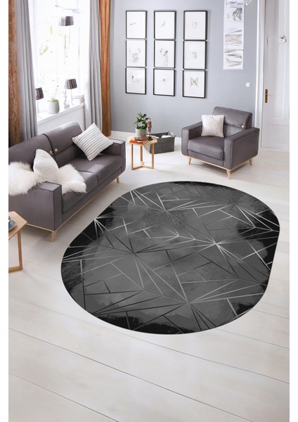 Dijital Kaymaz Yıkanabilir Modern Desen Oval Yolluk Mutfak Salon Halısı, N-O-Modern-44-Antrasit, indirimleri