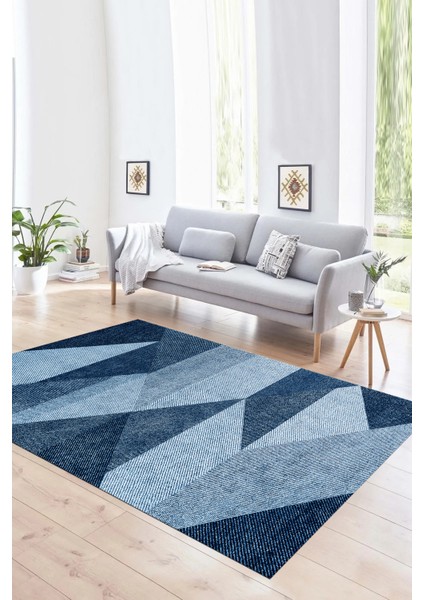 Dijital Baskılı Kaymaz Yıkanabilir Modern Desen Yolluk Mutfak Salon Halısı, N-Modern-54-Mavi,