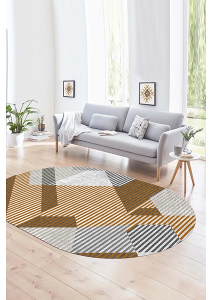 Dijital Kaymaz Yıkanabilir Modern Desen Oval Yolluk Mutfak Salon Halısı, N-O-Modern-09-Turuncu,