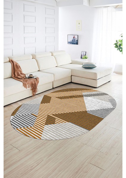 Dijital Kaymaz Yıkanabilir Modern Desen Oval Yolluk Mutfak Salon Halısı, N-O-Modern-09-Turuncu,