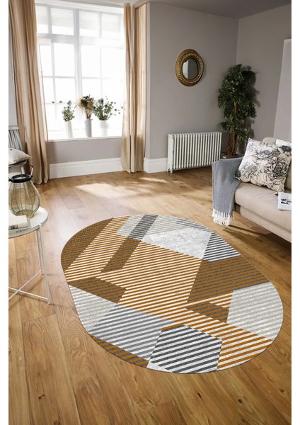 Dijital Kaymaz Yıkanabilir Modern Desen Oval Yolluk Mutfak Salon Halısı, N-O-Modern-09-Turuncu,
