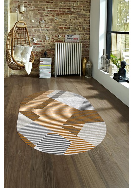 Dijital Kaymaz Yıkanabilir Modern Desen Oval Yolluk Mutfak Salon Halısı, N-O-Modern-09-Turuncu,