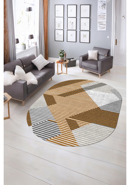 Dijital Kaymaz Yıkanabilir Modern Desen Oval Yolluk Mutfak Salon Halısı, N-O-Modern-09-Turuncu,