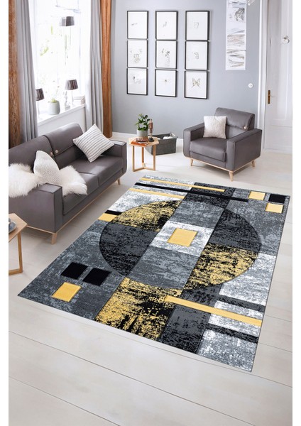 Dijital Baskılı Kaymaz Yıkanabilir Modern Desen Yolluk Mutfak Salon Halısı, N-Modern-33-Sarı, indirimleri