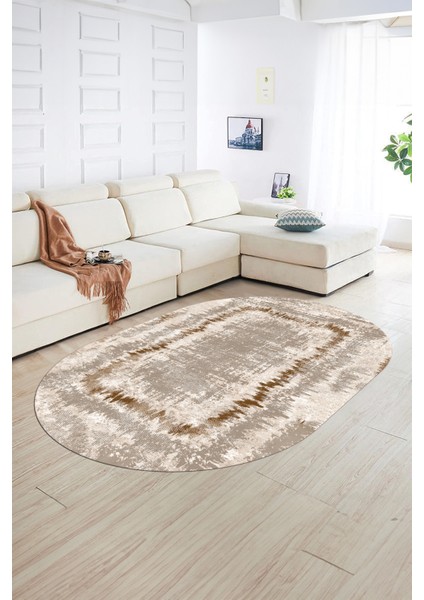 Dijital Kaymaz Yıkanabilir Modern Desen Oval Yolluk Mutfak Salon Halısı, N-O-Modern-37-Kahve, fiyatları