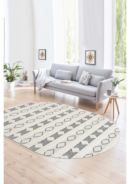 Dijital Kaymaz Yıkanabilir Modern Desen Oval Yolluk Mutfak Salon Halısı, N-O-Modern-64-Krem,