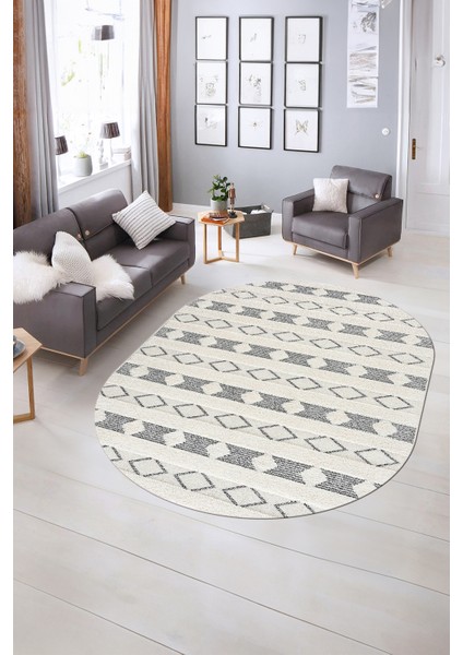 Dijital Kaymaz Yıkanabilir Modern Desen Oval Yolluk Mutfak Salon Halısı, N-O-Modern-64-Krem, indirimleri