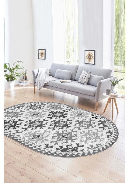 Dijital Kaymaz Yıkanabilir Modern Desen Oval Yolluk Mutfak Salon Halısı, N-O-Modern-14-Gri,