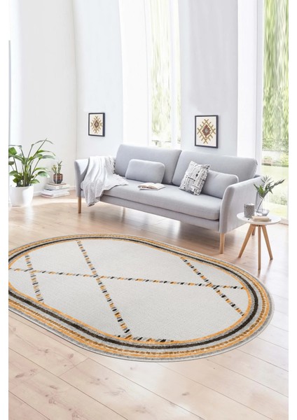 Dijital Kaymaz Yıkanabilir Modern Desen Oval Yolluk Mutfak Salon Halısı, N-O-Modern-76-Kahve,