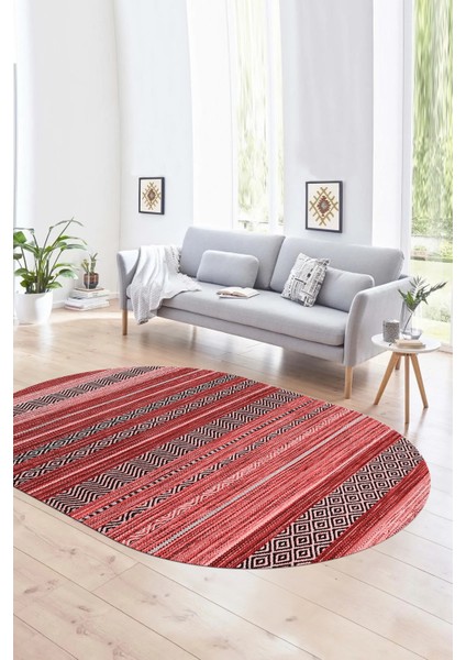 Dijital Kaymaz Yıkanabilir Modern Desen Oval Yolluk Mutfak Salon Halısı, N-O-Modern-17-Pembe,