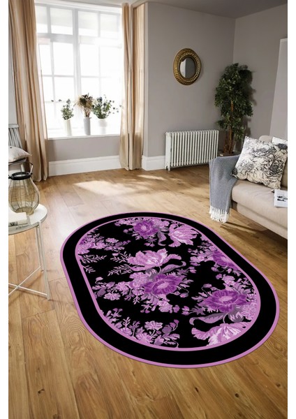 Dijital Kaymaz Yıkanabilir Modern Desen Oval Yolluk Mutfak Salon Halısı, N-O-Modern-16-Mor,