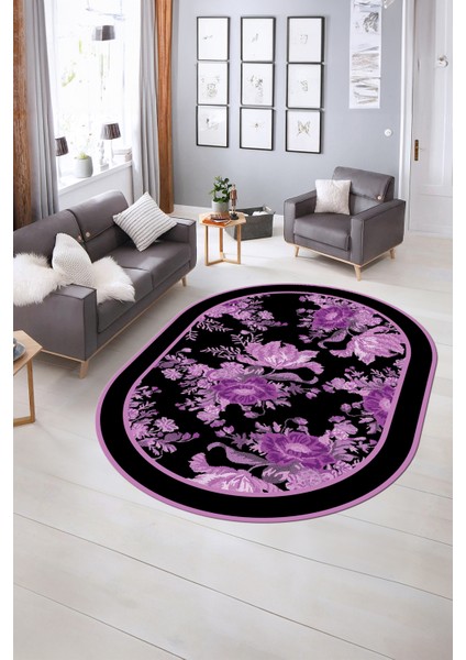 Dijital Kaymaz Yıkanabilir Modern Desen Oval Yolluk Mutfak Salon Halısı, N-O-Modern-16-Mor,