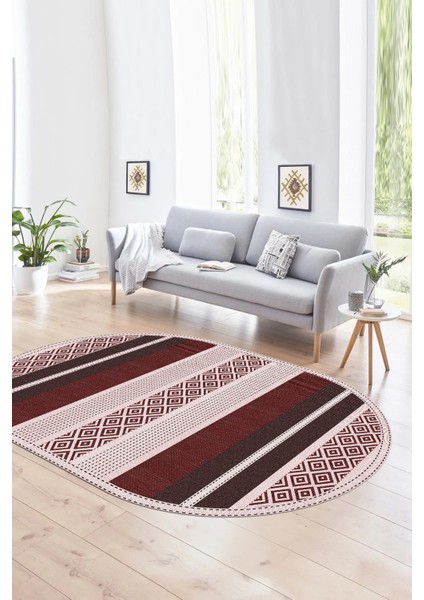 Dijital Kaymaz Yıkanabilir Modern Desen Oval Yolluk Mutfak Salon Halısı, N-O-Modern-18-Bordo,