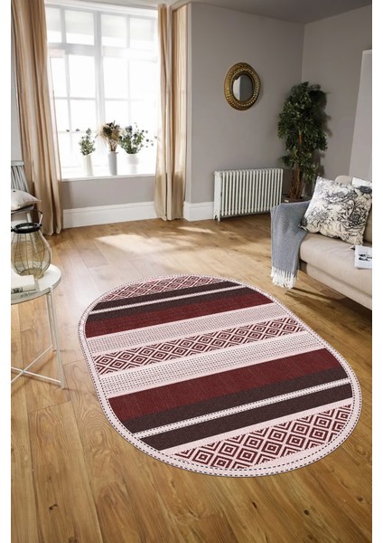 Dijital Kaymaz Yıkanabilir Modern Desen Oval Yolluk Mutfak Salon Halısı, N-O-Modern-18-Bordo, modelleri