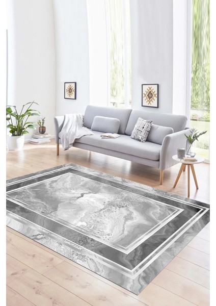 Dijital Baskılı Kaymaz Yıkanabilir Modern Desen Yolluk Mutfak Salon Halısı, N-Modern-46-Gümüş,