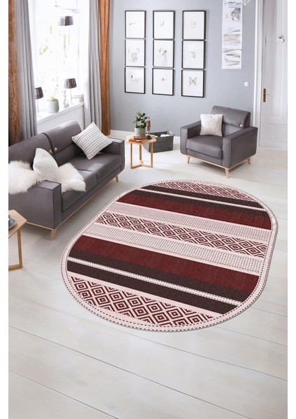 Dijital Kaymaz Yıkanabilir Modern Desen Oval Yolluk Mutfak Salon Halısı, N-O-Modern-18-Bordo, indirimleri