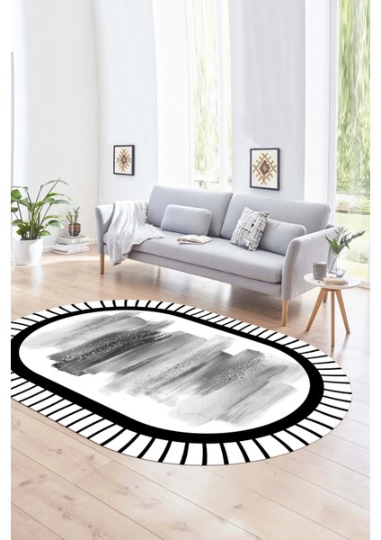 Dijital Kaymaz Yıkanabilir Modern Desen Oval Yolluk Mutfak Salon Halısı, N-O-Modern-22-Gri,