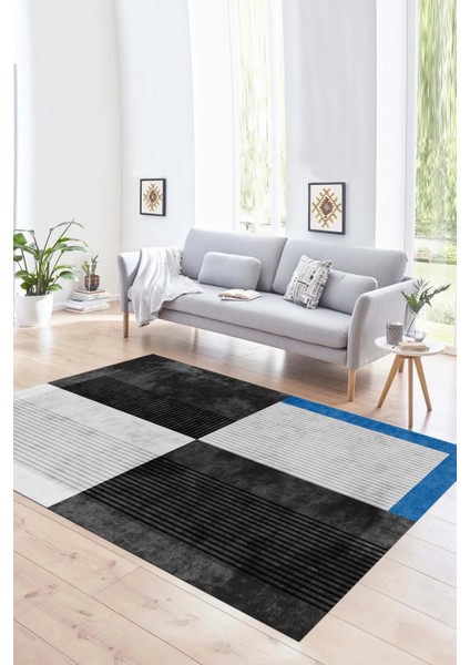Dijital Baskılı Kaymaz Yıkanabilir Modern Desen Yolluk Mutfak Salon Halısı, N-MODERN-107-ANTRASİT,