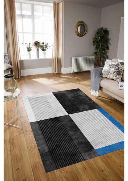 Dijital Baskılı Kaymaz Yıkanabilir Modern Desen Yolluk Mutfak Salon Halısı, N-MODERN-107-ANTRASİT,