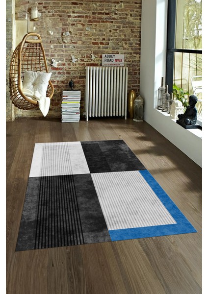 Dijital Baskılı Kaymaz Yıkanabilir Modern Desen Yolluk Mutfak Salon Halısı, N-MODERN-107-ANTRASİT,