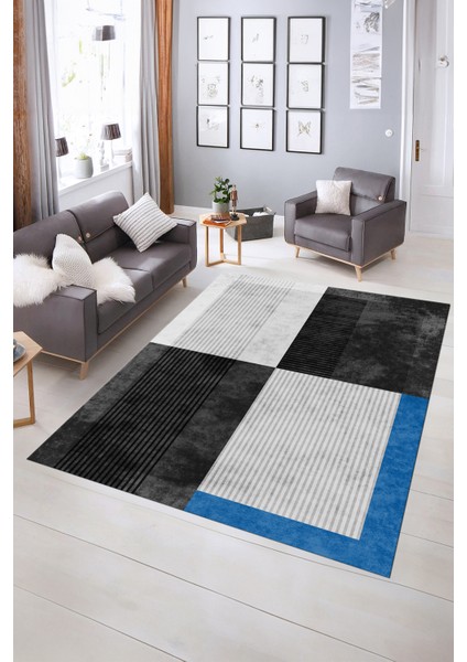 Dijital Baskılı Kaymaz Yıkanabilir Modern Desen Yolluk Mutfak Salon Halısı, N-MODERN-107-ANTRASİT,