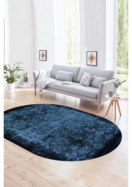 Dijital Kaymaz Yıkanabilir Modern Desen Oval Yolluk Mutfak Salon Halısı, N-O-Modern-04-Mavi,
