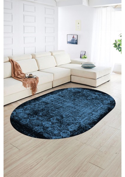 Dijital Kaymaz Yıkanabilir Modern Desen Oval Yolluk Mutfak Salon Halısı, N-O-Modern-04-Mavi, fiyatları