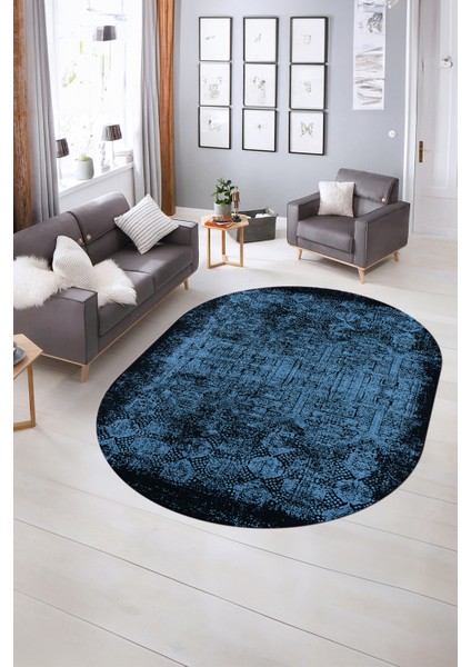 Dijital Kaymaz Yıkanabilir Modern Desen Oval Yolluk Mutfak Salon Halısı, N-O-Modern-04-Mavi, indirimleri