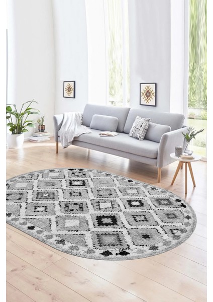 Dijital Kaymaz Yıkanabilir Modern Desen Oval Yolluk Mutfak Salon Halısı, N-O-Modern-60-Gri,