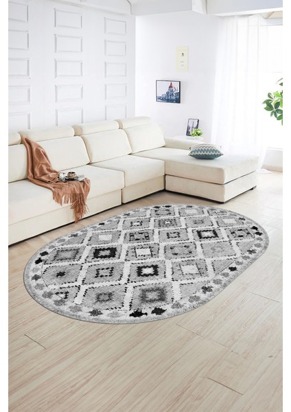 Dijital Kaymaz Yıkanabilir Modern Desen Oval Yolluk Mutfak Salon Halısı, N-O-Modern-60-Gri, fiyatları