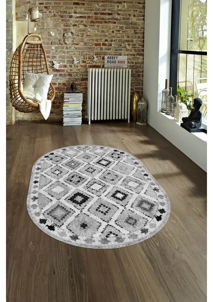 Dijital Kaymaz Yıkanabilir Modern Desen Oval Yolluk Mutfak Salon Halısı, N-O-Modern-60-Gri, fırsatları