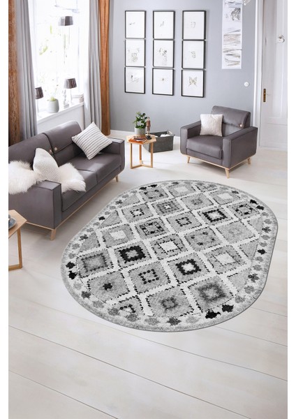 Dijital Kaymaz Yıkanabilir Modern Desen Oval Yolluk Mutfak Salon Halısı, N-O-Modern-60-Gri, indirimleri