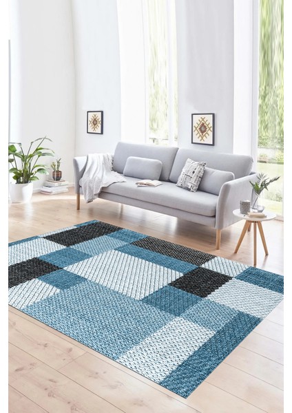 Dijital Baskılı Kaymaz Yıkanabilir Modern Desen Yolluk Mutfak Salon Halısı, N-Modern-77-Mavi,