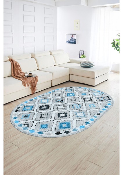 Dijital Kaymaz Yıkanabilir Modern Desen Oval Yolluk Mutfak Salon Halısı, N-O-Modern-60-Mavi, fiyatları