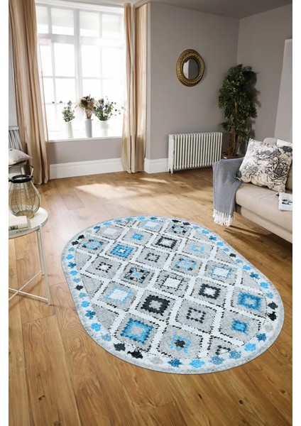 Dijital Kaymaz Yıkanabilir Modern Desen Oval Yolluk Mutfak Salon Halısı, N-O-Modern-60-Mavi, modelleri