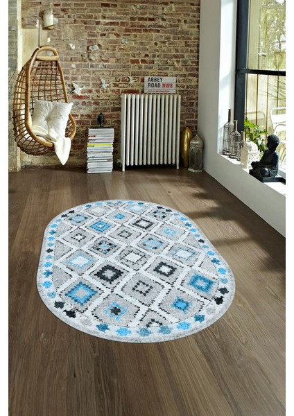 Dijital Kaymaz Yıkanabilir Modern Desen Oval Yolluk Mutfak Salon Halısı, N-O-Modern-60-Mavi, fırsatları
