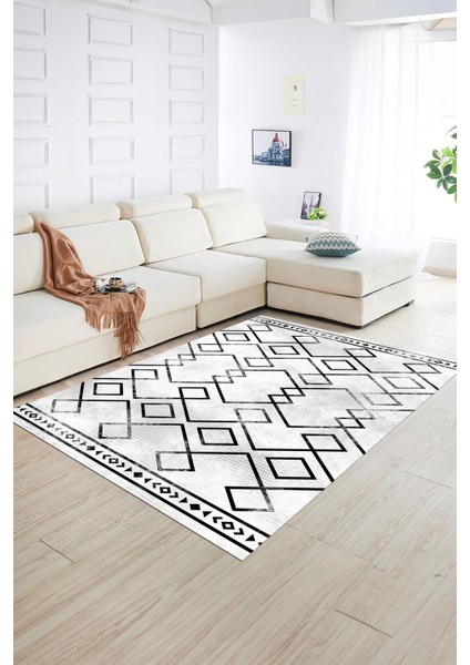 Dijital Baskılı Kaymaz Yıkanabilir Modern Desen Yolluk Mutfak Salon Halısı, N-Modern-91-Siyah,