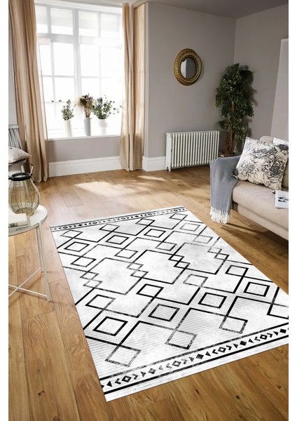 Dijital Baskılı Kaymaz Yıkanabilir Modern Desen Yolluk Mutfak Salon Halısı, N-Modern-91-Siyah,