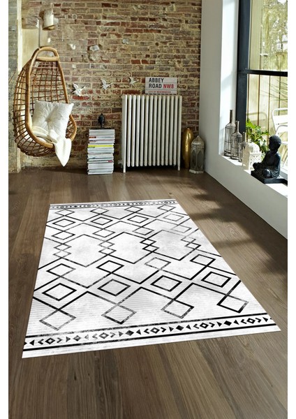 Dijital Baskılı Kaymaz Yıkanabilir Modern Desen Yolluk Mutfak Salon Halısı, N-Modern-91-Siyah,