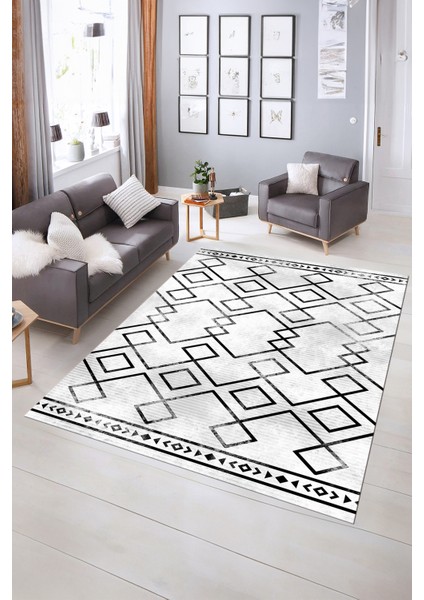 Dijital Baskılı Kaymaz Yıkanabilir Modern Desen Yolluk Mutfak Salon Halısı, N-Modern-91-Siyah,