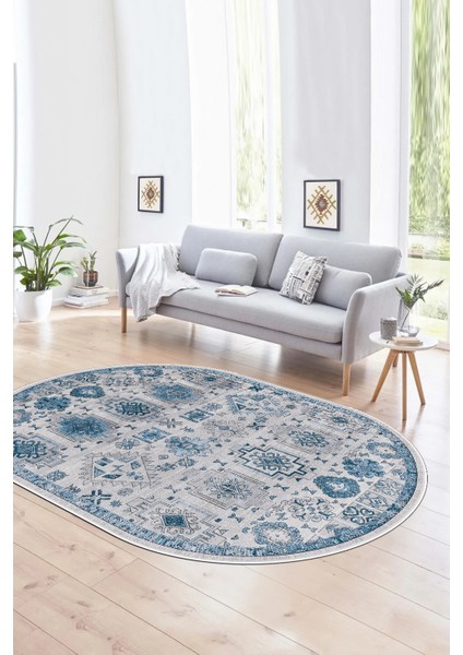 Dijital Kaymaz Yıkanabilir Modern Desen Oval Yolluk Mutfak Salon Halısı, N-O-Modern-29-Mavi,