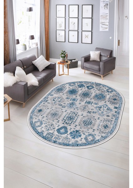 Dijital Kaymaz Yıkanabilir Modern Desen Oval Yolluk Mutfak Salon Halısı, N-O-Modern-29-Mavi, indirimleri