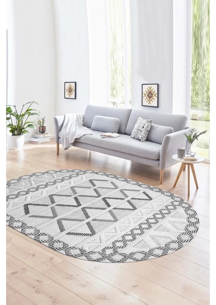 Dijital Kaymaz Yıkanabilir Modern Desen Oval Yolluk Mutfak Salon Halısı, N-O-Modern-81-Gri,