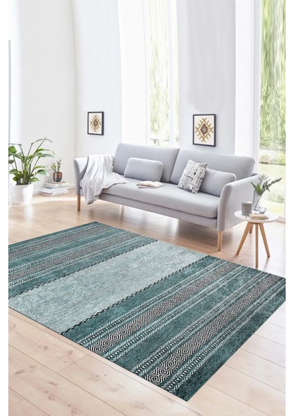 Dijital Baskılı Kaymaz Yıkanabilir Modern Desen Yolluk Mutfak Salon Halısı, N-Modern-83-Turkuaz,