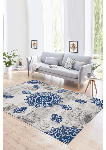 Dijital Baskılı Kaymaz Yıkanabilir Modern Desen Yolluk Mutfak Salon Halısı, N-Modern-45-Mavi,