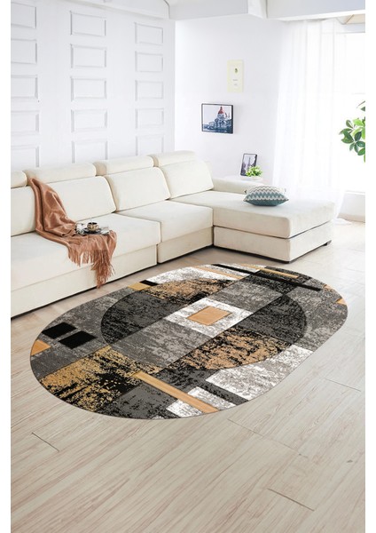 Dijital Kaymaz Yıkanabilir Modern Desen Oval Yolluk Mutfak Salon Halısı, N-O-Modern-33-Gold, fiyatları